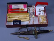 MIXED JEWELLERY & COLLECTABLES including a silver bangle, half chase decorated, Parker fountain