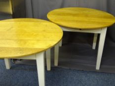 *TWO OAK TOPPED KITCHEN TYPE TABLES on painted white legs, 107cms D