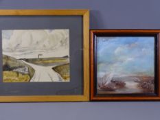 WATERCOLOUR - a signposted lane, indistinctly signed, 17.5 x 22cms and oil on board - coastal