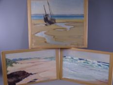 NEWLYN SCHOOL OILS (3) - beach and coastal scenes, 22 x 36cms and 32 x 37cms