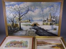 OIL ON CANVAS - snowy village scene, 60 x 90cms, K R WILLIAMSON oil on board and a modern tapestry