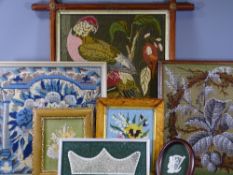 TAPESTRIES, A PARCEL - four floral and bird tapestries including one beadwork, a framed dried flower