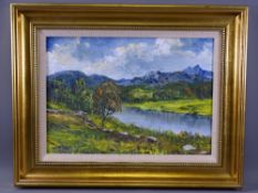 GWYNETH TOMOS oil on board - River Glaslyn with distant mountains, possibly Snowdon, signed, 23 x