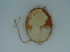 NINE CARAT GOLD OVAL CAMEO BROOCH, head and shoulders of a lady, 5 x 3.5cms, 18.5grms with safety