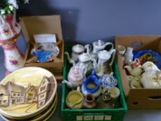 POTTERY TEA & COFFEE POTS, relief moulded wall chargers, a pottery jardiniere on stand ETC