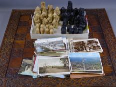 COMPOSITION CHESS SET & BOARD with a quantity of vintage postcards