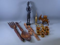 AFRICAN CARVED WOOD FIGURINE and other items of treenware