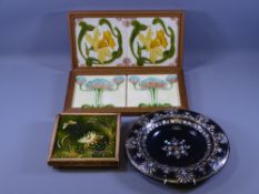 TWO FRAMED PAIRS OF STAFFORDSHIRE FLORAL TILES, possibly Minton, a single framed tile and a circular