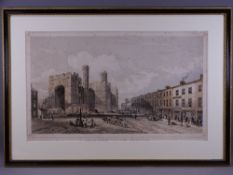 INTERESTING 19th CENTURY COLOURED PRINT - Caernarfon Castle Square with numerous figures, horses and