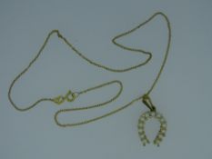 CONTINENTAL GOLD & SEED PEARL HORSESHOE PENDANT on a 9ct gold fine link necklace, import marks, 3.