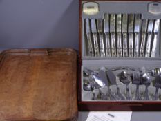 CASED VINERS CANTEEN OF CUTLERY and a vintage oak tray