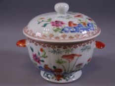 ORIENTAL FAMILLE VERTE - a neat circular two-handled lidded pot with floral and bird decoration,