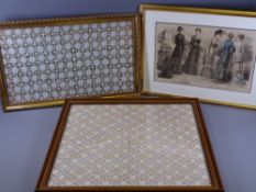 GILT FRAMED OLD WHITE HAND SEWN COTTON PANEL, 28 x 50cms and a framed fashion print of five ladies