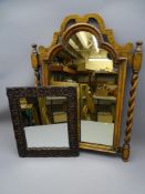OAK BARLEY TWIST WALL MIRROR with a smaller carved example, 68.5 x 49.5cms and 39 x 33cms