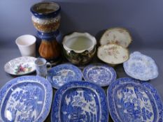 BLUE & WHITE MEAT PLATES, pottery jardinieres, blush decorated tableware etc
