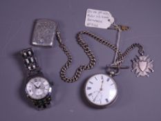 ANTIQUE SILVER POCKET WATCH & ALBERT with silver fob and vesta case attachments, along with a gent's