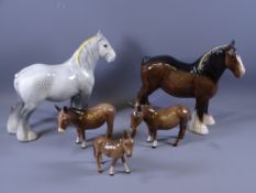 BESWICK DAPPLED GREY SHIRE HORSE, three Beswick donkeys and a Beswick brown shire horse