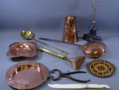 BRASS & COPPERWARE - a good Arts and Crafts style copper jug, similar circular copper plate, a