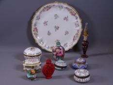 PATCH BOXES, a small parcel, a cinnabar perfume bottle and an oriental china perfume bottle all on a