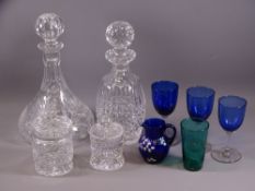 TWO CUT GLASS DECANTERS, a Bristol Blue type Victorian jug and other glassware