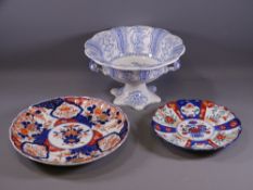 VICTORIAN BLUE & WHITE PEDESTAL FRUIT BOWL and two Japanese Imari wall chargers