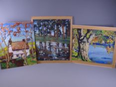 NEWLYN SCHOOL OILS (3) - River landscapes with trees and cottage c1920, one exhibited at SSWA