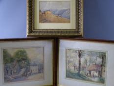 WATERCOLOUR - Swiss/Austrian mountain scene, 13 x 19cms and a pair of watercolour farmyard scenes,