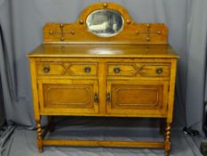 OAK RAILBACK SIDEBOARD with central mirror and beaded detail on barley twist front supports,