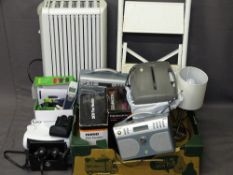 HOUSEHOLD ITEMS including an oil filled radiator, fan heater, EAB radio, binoculars ETC E/T
