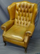 BUTTON BACK TAN LEATHER WINGBACK ARMCHAIR, 105cms H, 84cms W, 56cms D the seat