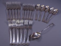 SILVER CUTLERY - fifteen pieces, five dessert forks, five dinner forks and 8 dessert spoons, 27 ozs,