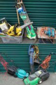 MIXED BENCH & GARDEN ELECTRICALS, long handled tools and work tools ETC E/T and TWO ELECTRIC MOWERS