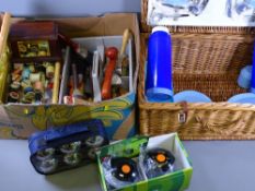 WICKER BASKET PICNIC SET, bowling balls and boules sets, sewing basket and contents, decorators