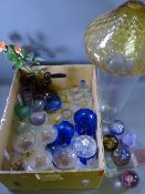 DRINKING GLASSWARE, Caithness and other paperweights, an amber ceiling light shade and a large glass