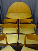 MID-CENTURY TEAK CHAIRS, a set of six with a circular top extending dining table and an oval top