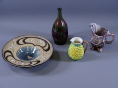 FOUR PIECES OF POTTERY - fine small art pottery circular pedestal dish, initial to base