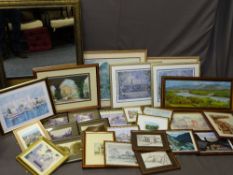 GILT FRAMED WALL MIRROR with a mixed quantity of pictures, paintings and prints