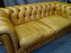 BUTTON TAN LEATHER CHESTERFIELD SETTEE, 74cms H, 192cms W, 62cms D the seat