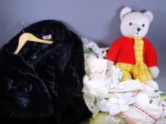VINTAGE LINEN, a quantity, Zepla faux fur jacket and a Rupert Bear stuffed toy