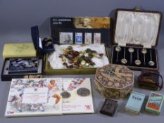 MIXED GROUP OF COLLECTABLES including a set of six hallmarked silver cocoa bean coffee spoons,