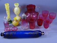 CRANBERRY & OTHER GLASSWARE - a large Cranberry water jug, a parcel of Cranberry goblets and sugar