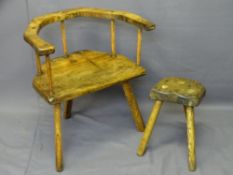 TRADITIONAL THREE LEGGED ELM & ASH STICK COUNTRY CHAIR together with oak and ash three legged low