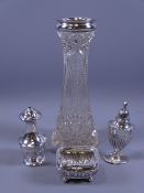 SILVER CONDIMENTS, three, non matching salt, pepper and mustard pots, mixed dates, 3.5 ozs gross and