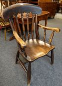 VICTORIAN ELM FARMHOUSE CHAIR with spindle backs, saddle seat, turned legs