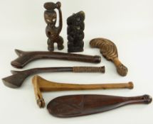 PACIFIC SOUVENIRS including two Fiji gunstock clubs, Maori 'patu' hand clubs, two Maori tiki
