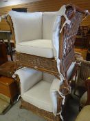 PAIR OF WICKER CONSERVATORY ARMCHAIRS loose cushions (2)