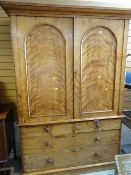 LATE VICTORIAN SATINWOOD LINEN PRESS, twin arch doors above chest base fitted four drawers, 152 x 60
