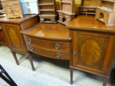 EDWARDIAN MAHOGANY SATINWOOD & CHECKER STRUNG BOW FRONT SIDEBOARD, 166cms wide Condition Report: top
