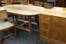 E. GOMME ART DECO OAK SIDE CABINET, 107 x 46cms and matching oak dining table with six chairs