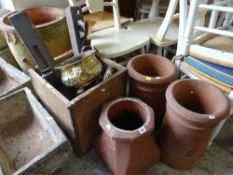 ASSORTED DECORATIVE ITEMS including three terracotta chimney pots, brass planter, vintage wood